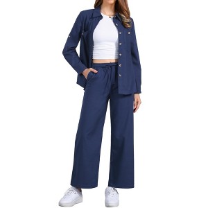 Allegra K Women's Linen Set Button Down Shirt and Drawstring Wide Leg Pants Casual Outfits 2 Pcs - 1 of 4