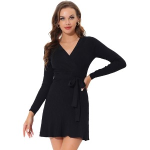 Allegra K Women's V Neck Long Sleeve Wrap Bodycon Casual Solid Ribbed Knit Sweater Mini Dress - 1 of 4