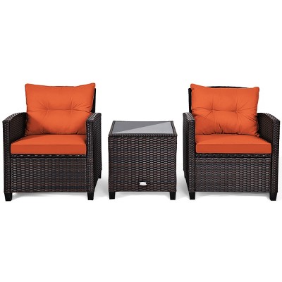 Tangkula 3PCS Wicker Cushioned Conversation Set Outdoor Rattan Furniture w/Beige/Red/Black/Navy/Off White/Turquoise  Cushions
