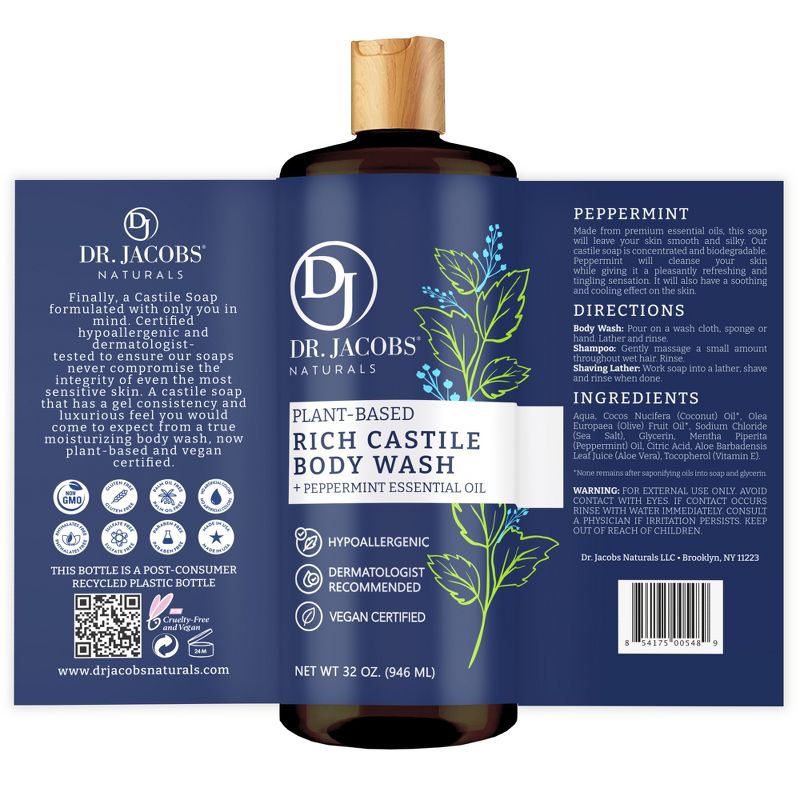 Dr Jacobs Naturals Rich Castile Peppermint Body Wash Hypoallergenic Vegan Sulfate-Free Paraben-Free Dermatologist Recommended 32oz - Peppermint, 4 of 9