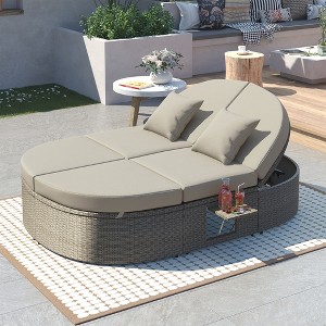 YOOCOZZ PE Rattan Patio 2-Person Daybed with Adjustable Backrests, Foldable Cup Trays ,Cushions and Pillows - 1 of 4