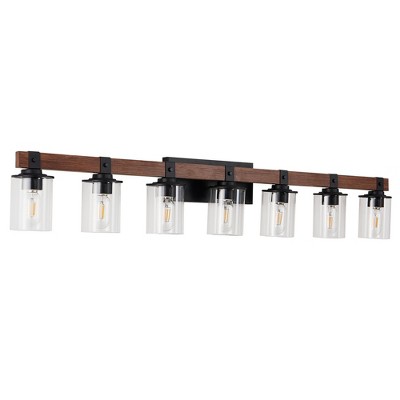 DAKAFUL Industrial Bathroom Vanity Light,Vanity Fixture with Walnut Pole &Clear Glass Shade,3/4/5-Light Wall light for Mirror, Bathroom, Bathtub Area