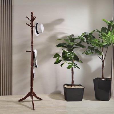 Vynxaria 71.5" Tall Wooden Swivel Coat Rack with 9 Pegs and Natural Finish