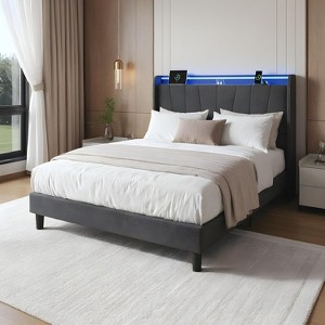 Twin/Full/Queen/King Size Bed Frame with LED Lights & Charging Station, Upholstered Platform Bed with Headboard, No Box Spring Needed, Gray - 1 of 4