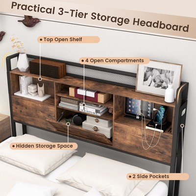 Queen Size Vintage Brown Bed Frame with Bookcase Headboard and Storage Drawers