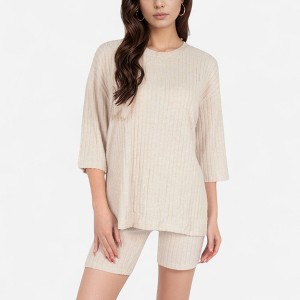 Anna-Kaci Lounge Women's Ribbed Knit Lounge Set with 3/4 Sleeve Top and Fitted Shorts - 1 of 4