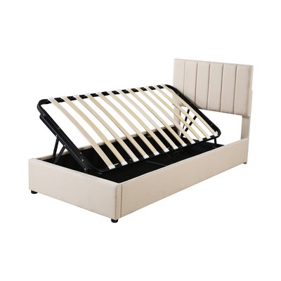 Bellemave Twin Size Lift Up Storage Bed,Upholstered Platform Bed with Hydraulic Storage System,Vertical Stripe Headboard,Beige