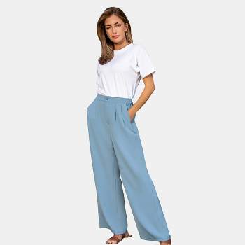 Women's Blue Pleated Straight Leg Trousers - Cupshe