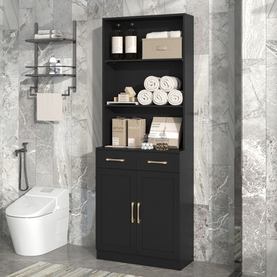 70" Bathroom Storage Cabinet, Cabinet with Two Doors and Drawers, Adjustable Shelf, Three-layer Open Shelf