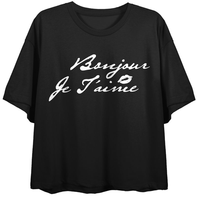 "Bonjour Je T'aime" Women's Black Graphic Crop Tee, 1 of 3