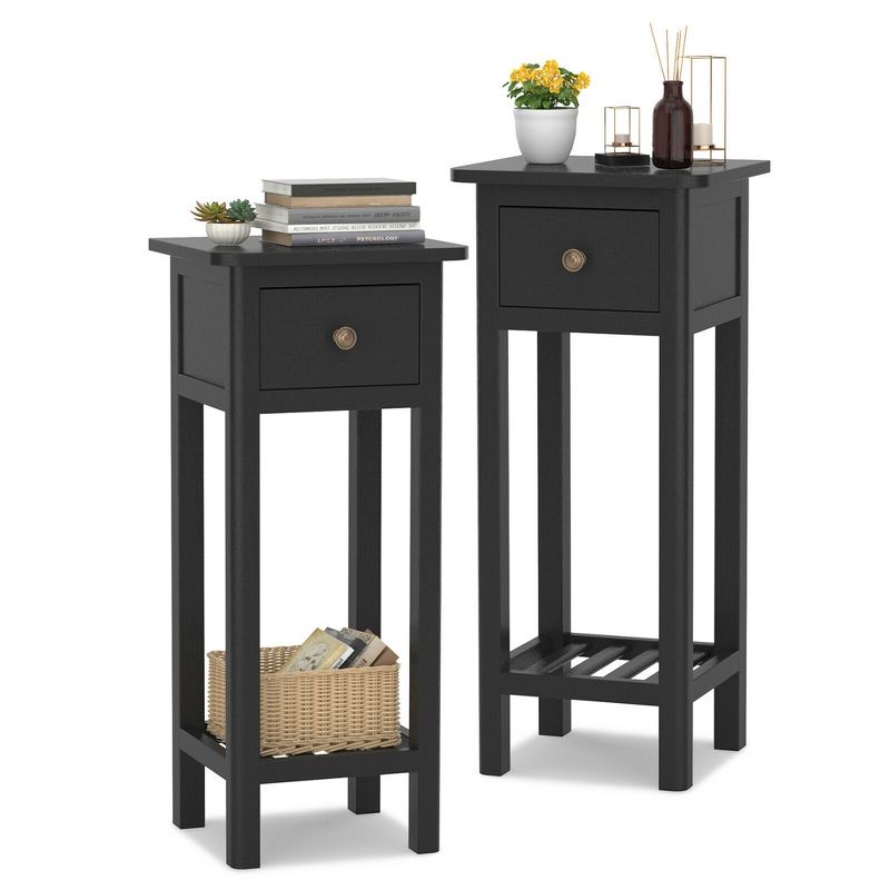 Tangkula 2PCS 2 Tier End Bedside Sofa Side Table with Drawer Shelf Acacia Wood Nightstand Black, 1 of 9