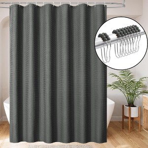 Home Mart Goods Dark Grey Fabric Textured Glam luxury Shower Curtain With 12 Metal Roller Ball Hooks - 72" x 72" - 1 of 3