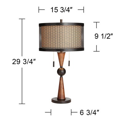 Adjustable Bronze and Cherry Wood Table Lamp with Double Drum Shade