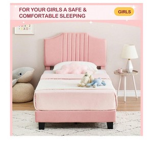 Bed Frame with Headboard Velvet Upholstered Platform Strong Wooden Slats Anti-Slip Noise-Free No Box Spring Needed - 1 of 4