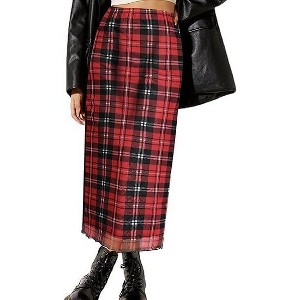 Floral Mesh Boho Midi Skirt - Women's High Waist A-Line Skirt with Lettuce Trim Red Plaid - 1 of 4