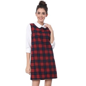 Allegra K Women's Contrast Peter Pan Collar Long Sleeve Above Knee Shift Plaid Dress - 1 of 4