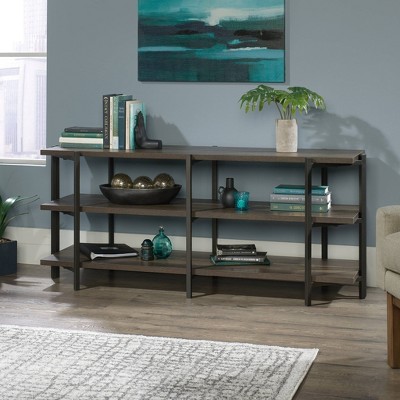 Smoked Oak and Black Metal 55" TV Stand with Open Shelving