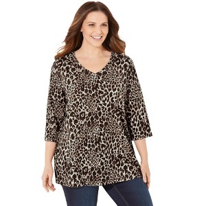 Catherines Women's Plus Size Petite Suprema 3/4 Sleeve V-Neck Tee - 1 of 4