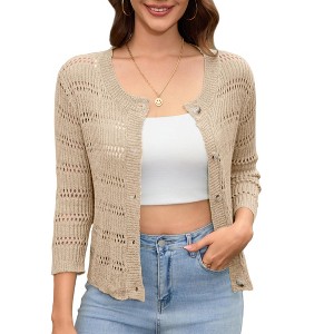 Womens 3/4 sleeve Cardigan Shrugs Crewneck Basic Casual Button Down Soft Knit Hollow Out Crochet Sweater - 1 of 4