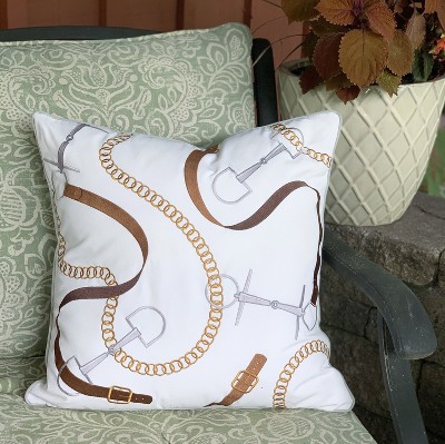 White Embroidered Leather and Rope Indoor/Outdoor Throw Pillow