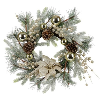 Christmas Wreath, 20 Inch Christmas Door Decorations with Pine Cones, Christmas Balls, Warm LED Lights, Christmas Wreath