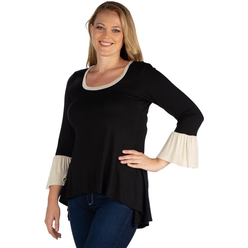 24seven Comfort Apparel Womens Black and Beige Bell Sleeve Hi Low Plus Size Tunic Top, 2 of 6