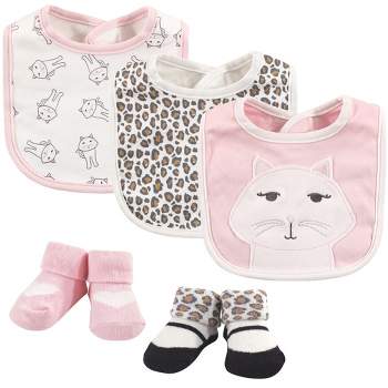 Hudson Baby Infant Girl Cotton Bib and Sock Set 5pk, Kitty, One Size