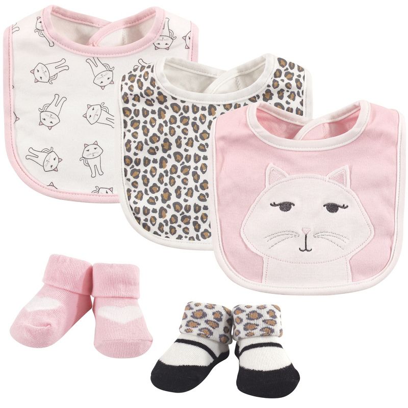 Hudson Baby Infant Girl Cotton Bib and Sock Set 5pk, Kitty, One Size, 1 of 8