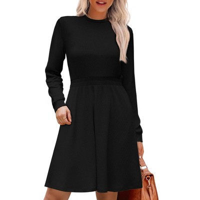 INSPIRE CHIC Women's Long Sleeve Casual Crew Neck Ribbed Knit Textured Sweater Dress
