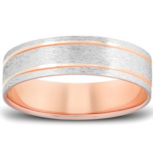 Pompeii3 14k Rose & White Gold 6MM Flat Comfort Fit Mens Brushed Two Line Wedding Band - 1 of 3