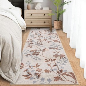 Acekool 2x6 Floral Runner Rug - Washable Vintage Non-Slip Kitchen Rug for Hallway, Entryway, Bedroom & Bathroom in Neutral Beige - 1 of 4