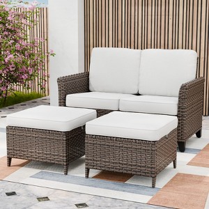 EAGLE PEAK Ocean Vista 3 piece Outdoor Wicker Loveseat Sofa,  Variated Wicker Conversation Loveseat Set with Ottoman - 1 of 4