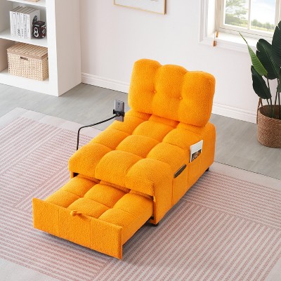 ModernLuxe Convertible Chaise Lounge Sofa Bed Sleeper Lazy Sofa Teddy Upholstered Accent Chair Reading Couch, Beige/Orange/Gray