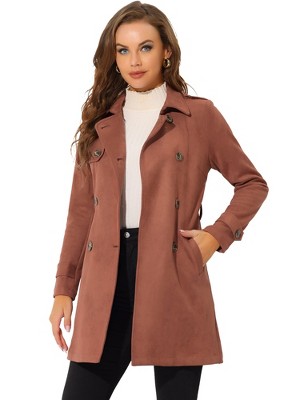 Allegra K Women's Notched Lapel Double Breasted Faux Suede Trench Coat with Belt