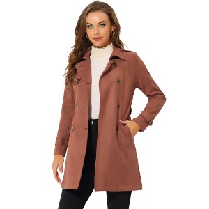 Allegra K Women's Notched Lapel Double Breasted Faux Suede Trench Coat with Belt - 1 of 4