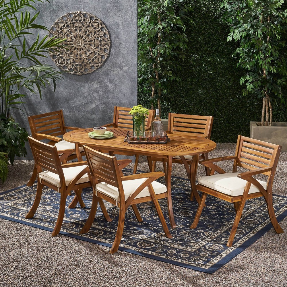 Photos - Garden Furniture Hermosa 7pc Acacia Wood Oval Dining Set - Teak/Cream - Christopher Knight