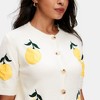 Knit & Lounge Short Sleeve Button Front Cardigan Lemon Embroidery Ribbed Trim Fitted Hem Lightweight - 3 of 4