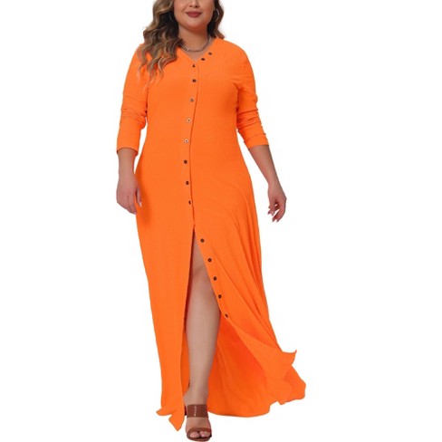 Agnes Orinda Women s Plus Size Side Split Long Sleeve Button Down Beach Maxi Shirt Dresses Orange 1X