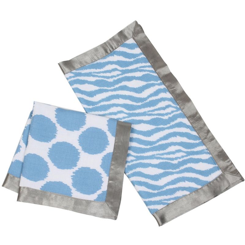 Bacati - Ikat Blue/Gray Dots/Zebra Muslin 2 pc Security Blankets, 1 of 10