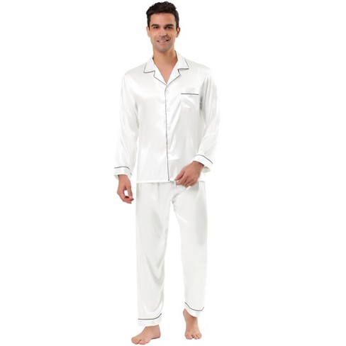 Lars Amadeus Men s Satin Pajama Sets Long Sleeve Loungewear Sleepwear V Neck Button Down Pjs Set White Medium