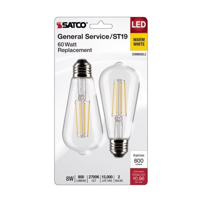 Satco - ST19 - E26 (Medium) Filament - LED Bulb - Warm White - 60 Watt Equivalence - 2 Pack