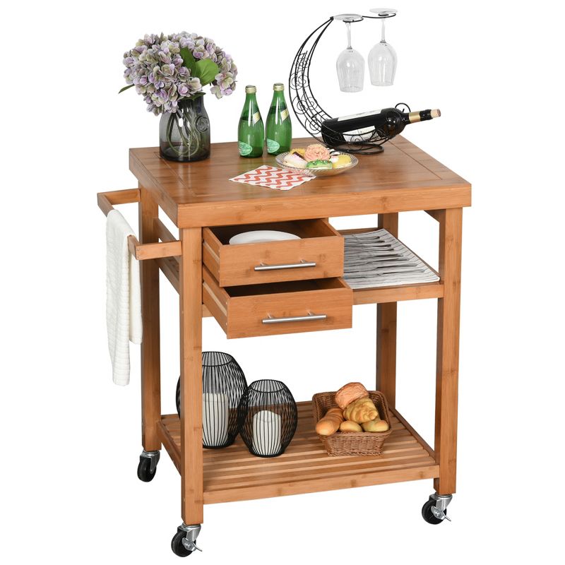 HOMCOM Bamboo Kitchen Island Cart on Wheels, Utility Trolley Cart with 2 Storage Drawers and Open Shelves, Natural, 4 of 7