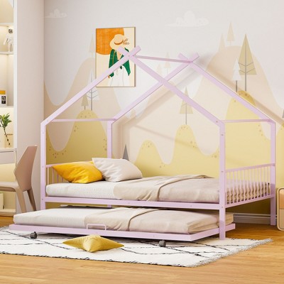 CAVINAS Twin/Full Size House Platform Bed Frame with Fence,Metal Floor Bed for Kids Room,Bedroom