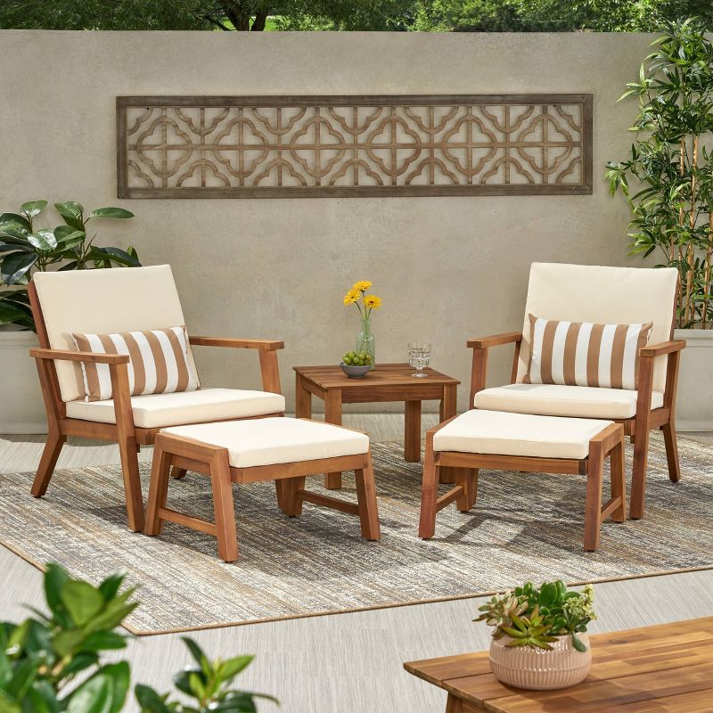 Temecula 5pc Outdoor Mid-Century Modern Acacia Wood 2 Seater Chat Set with Ottomans - Brown Patina/Cream - Christopher Knight Home, 3 of 17