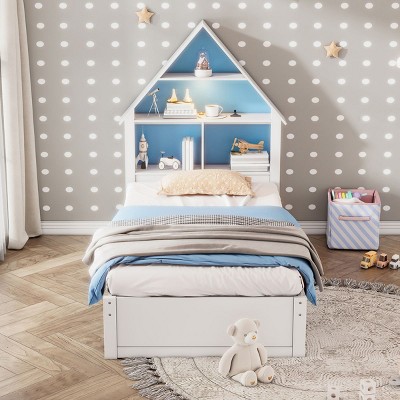 Cute Bed Frame With Trundle Bed,Children's Beds With Storage,Bookcase Headboard,Intelligent Induction Lamp,House Shaped Bed Frame-Cuddlewood