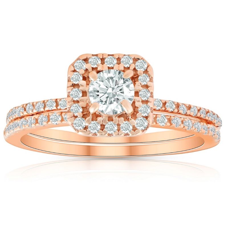 Pompeii3 5/8 Ct TDW Diamond Cushion Halo Engagement Wedding Ring Set Rose Gold, 1 of 5