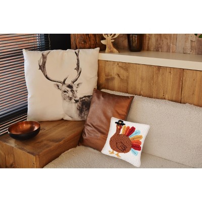 Colorful Turkey Hooked Thanksgiving Accent Pillow