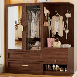 PAKASEPT 71'' Farmhouse Armoire Wardrobe Closet with Mirror, Wooden Wardrobe Storage Cabinet with 2 Doors, Hanging Rod, Hidden Bench, Drawers - 1 of 4