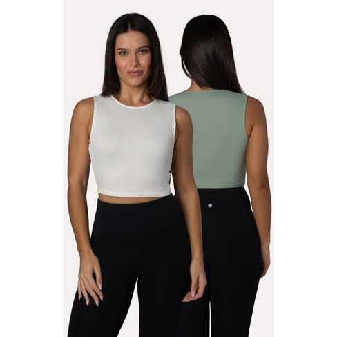 Yogalicious Womens Sand Washed Ribbed Nicki Cropped Muscle Tank Top - 2 Pack  - Iceberg Green/gardenia - X Small : Target