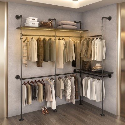 Wall Mounted Metal Industrial Pipe Clothing Rack,Heavy Duty Wardrobe Rack With Top Shelves,Suitable For Apartment,Bedroom-Cuddlewood